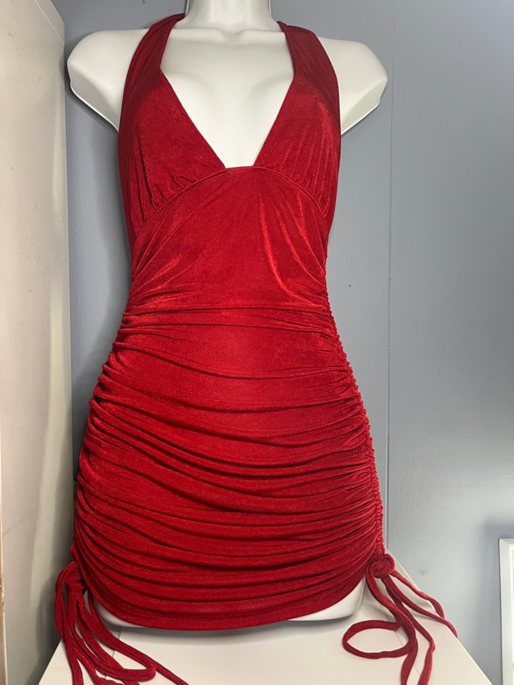 Red Backless Halter Ruched Mini Dress